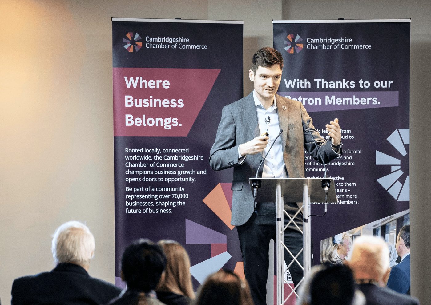 Jason at the lectern at a Cambridgeshire Chamber of Commerce event